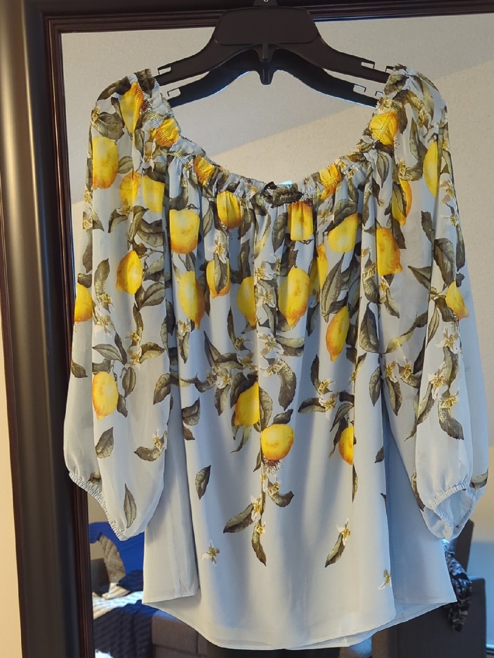 White House Black Market Light Blue Lemon-Print Off-Shoulder Blouse Size M